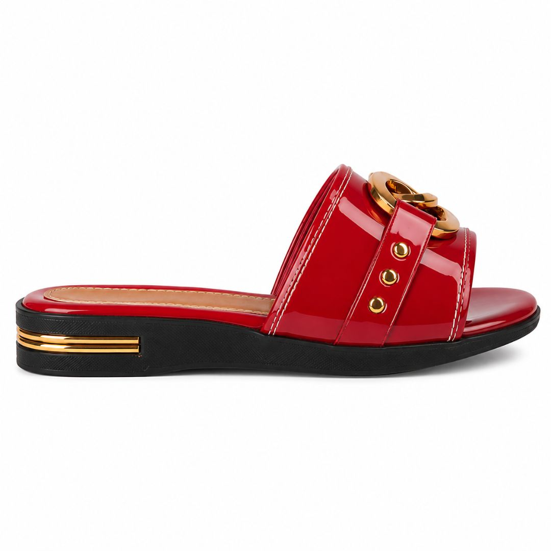 Womens Glossy Red Patent Embellished Wedge Slides